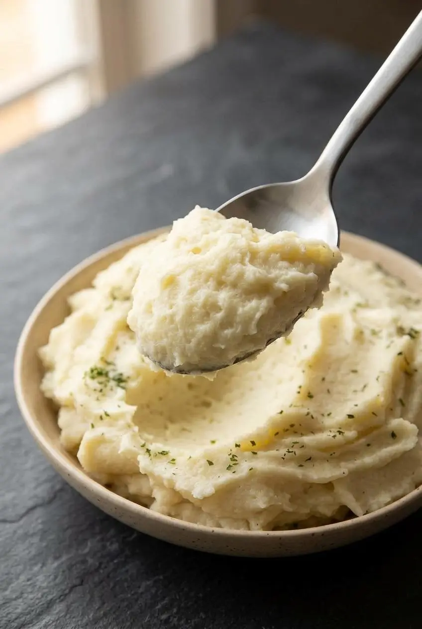 A close-up of a serving spoon lifting a scoop of fluffy mashed potatoes, showing the light and pillowy texture.