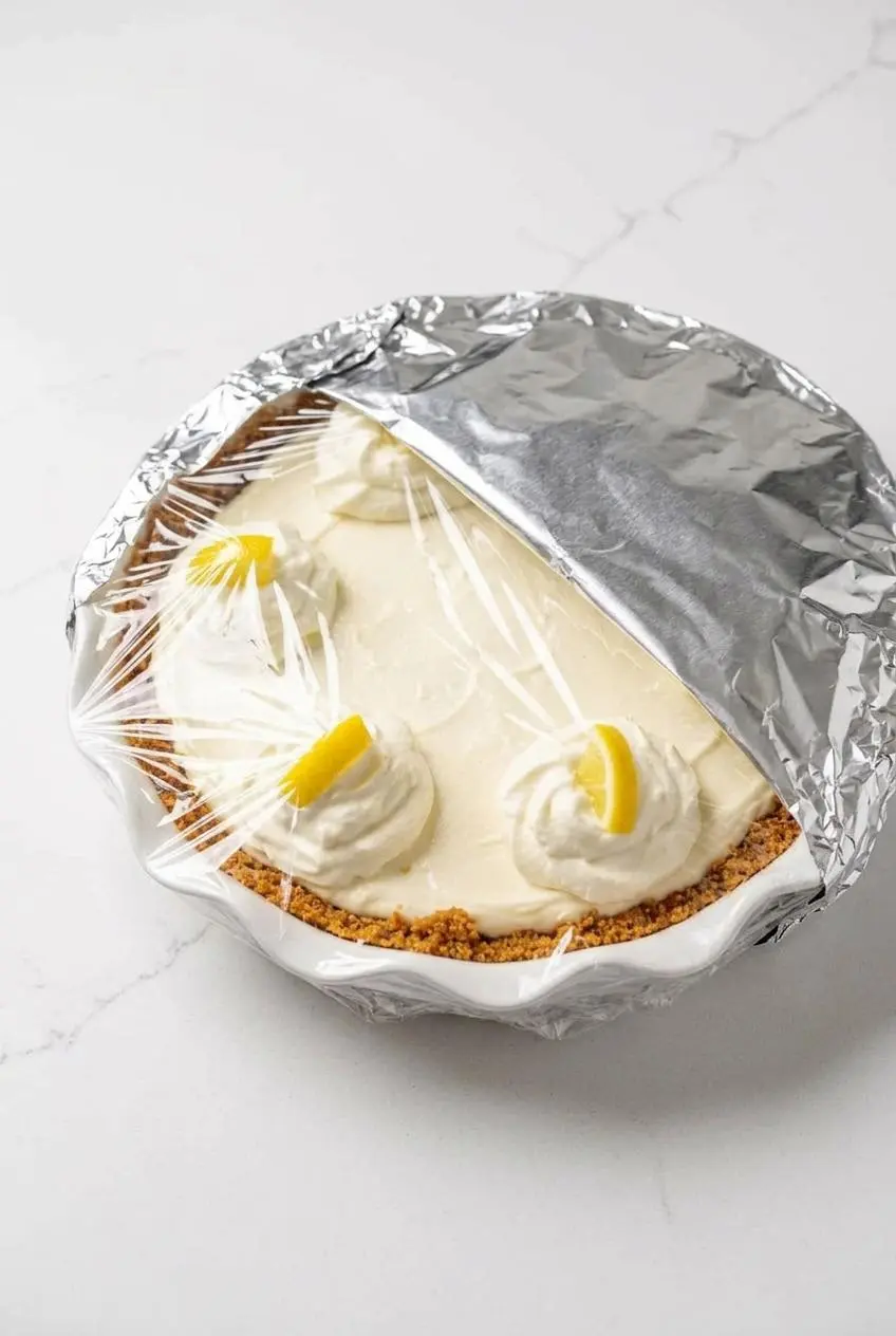 A lemon cream cheese pie covered in plastic wrap and aluminum foil to protect it during freezing.