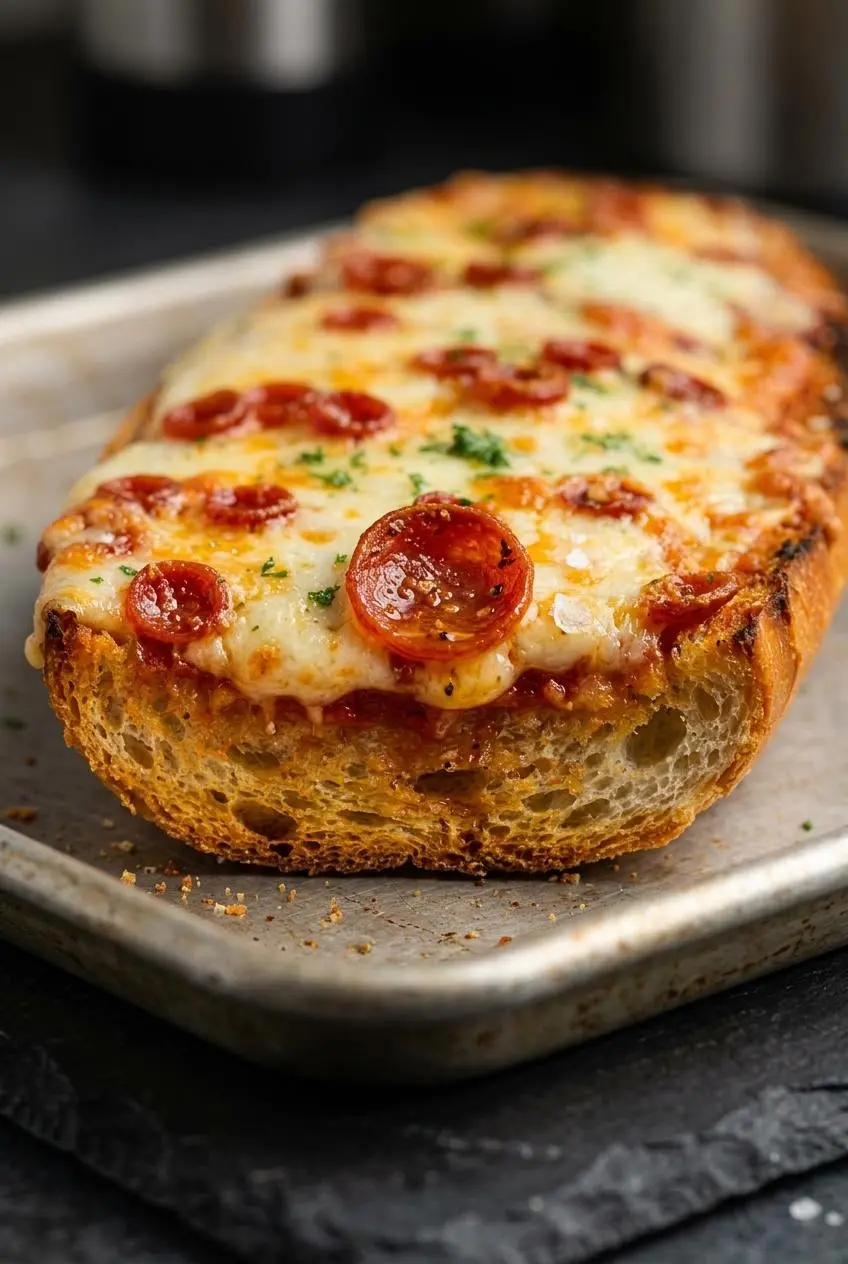 A close-up side view of a slice of French bread pizza, showing the crispy garlic butter crust, red sauce, and thick melted cheese.