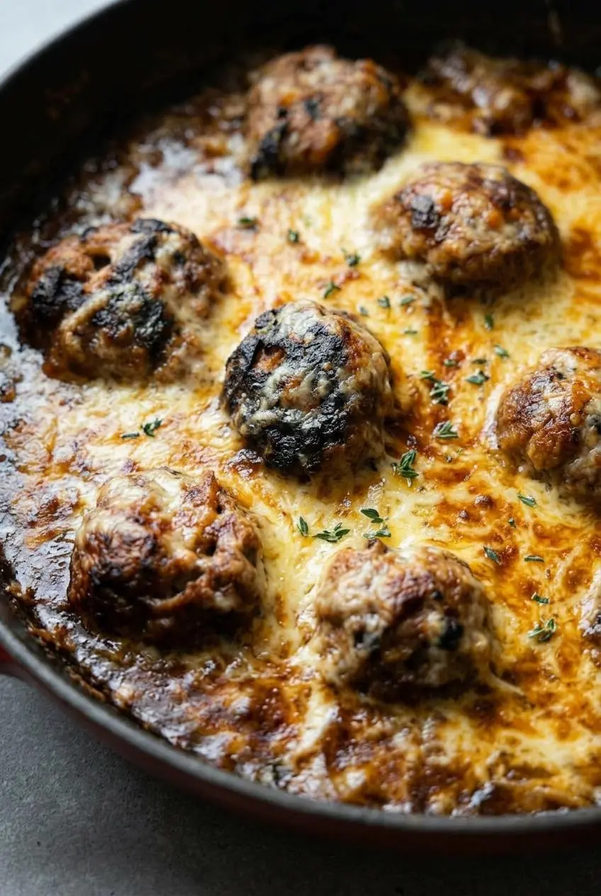 A close-up macro shot of French onion meatballs, showing the texture of the bubbly, browned Gruyère cheese and savory onion sauce.