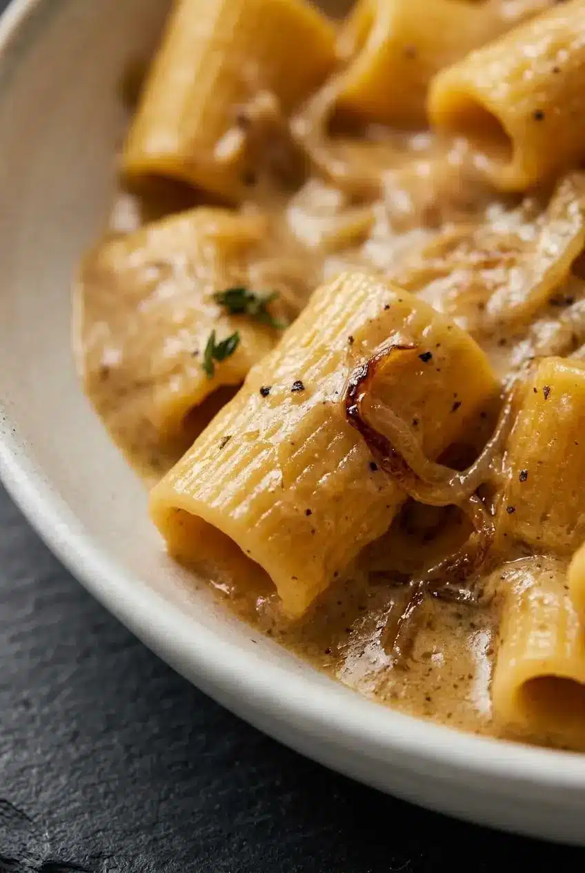 A macro close-up of French onion pasta sauce, showing its smooth, glossy texture coating a rigatoni noodle with flecks of thyme.