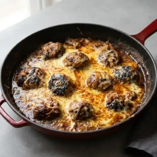 A skillet of French Onion Soup Meatballs with bubbly, golden-brown Gruyère cheese over a rich, savory gravy.