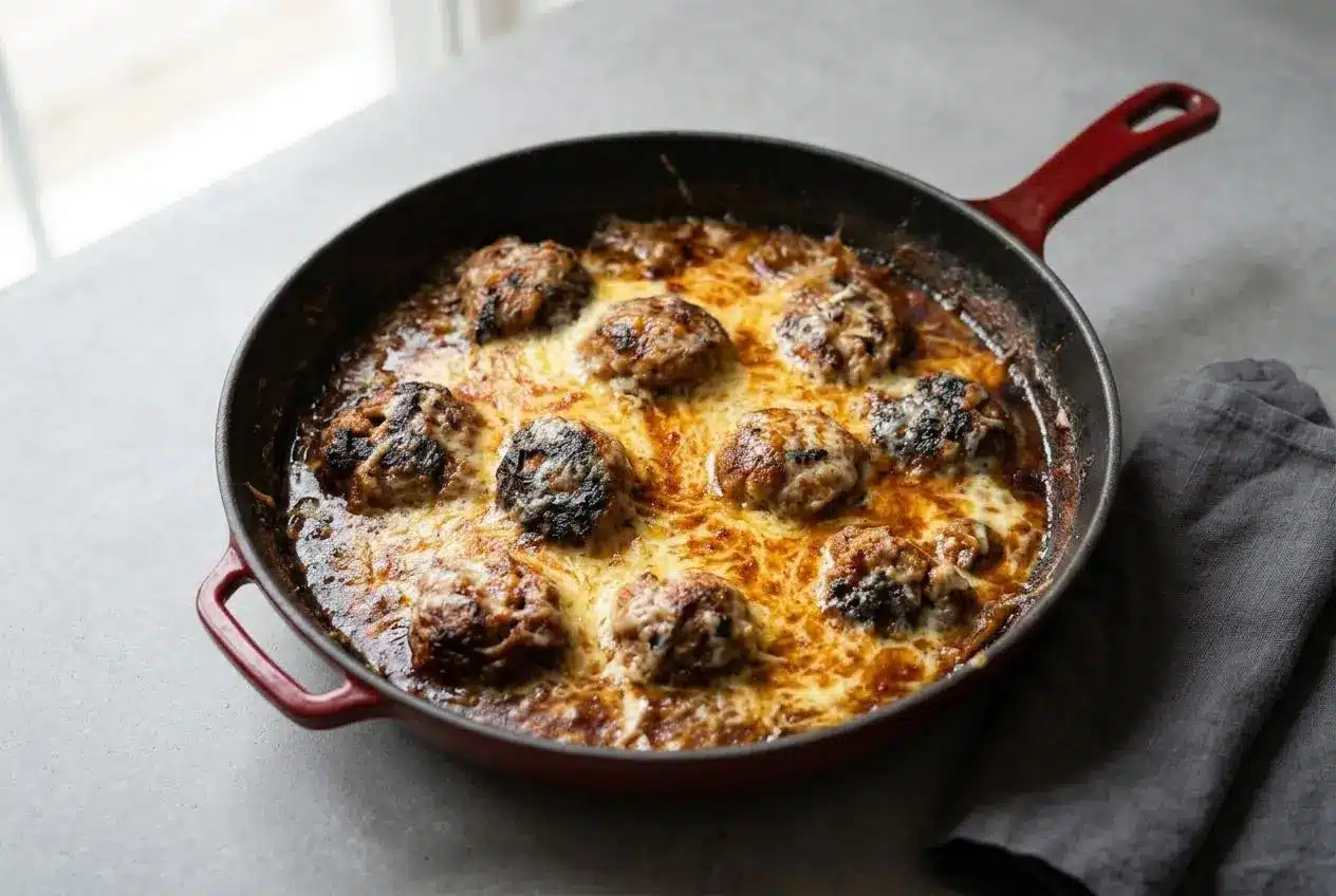 A skillet of French Onion Soup Meatballs with bubbly, golden-brown Gruyère cheese over a rich, savory gravy.