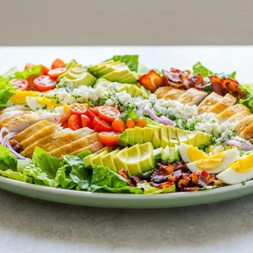 A classic Cobb Salad served on a large white platter, with neat rows of chicken, bacon, egg, tomato, avocado, and blue cheese over crisp