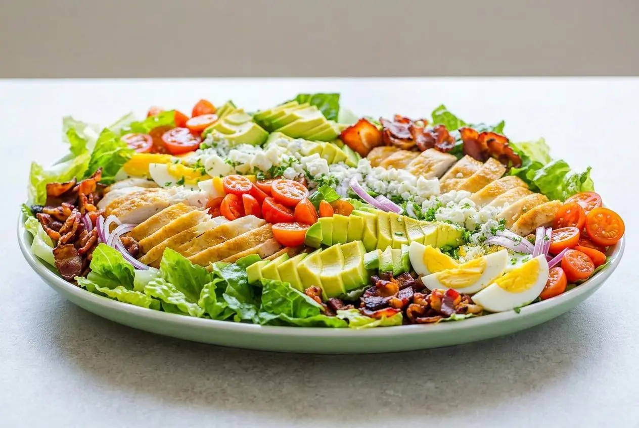 A classic Cobb Salad served on a large white platter, with neat rows of chicken, bacon, egg, tomato, avocado, and blue cheese over crisp