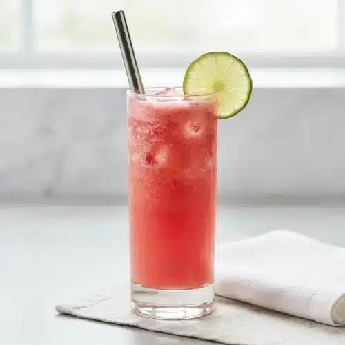 A tall glass of refreshing watermelon drink filled with ice, garnished with a lime slice, a small watermelon wedge, and a fresh mint sprig.
