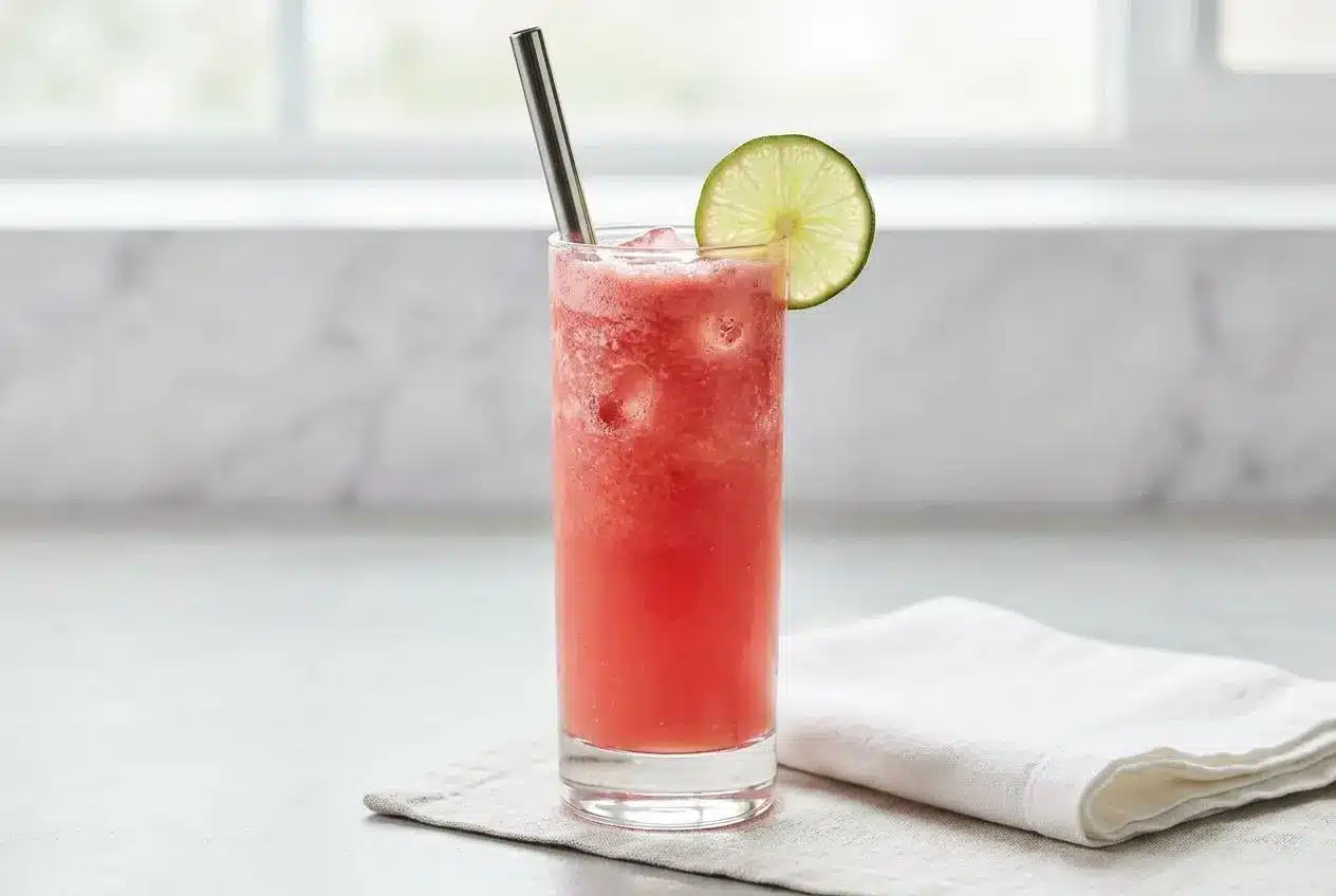 A tall glass of refreshing watermelon drink filled with ice, garnished with a lime slice, a small watermelon wedge, and a fresh mint sprig.