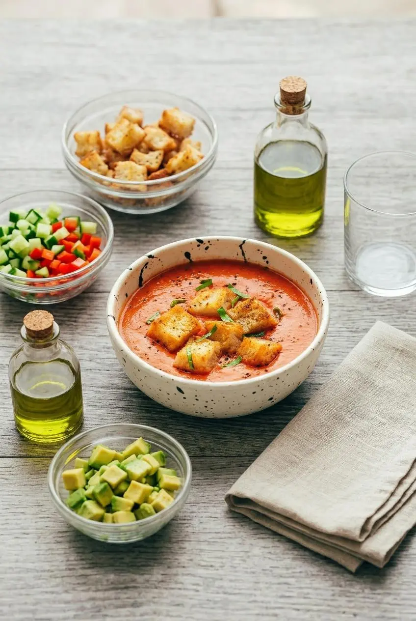 A bowl of gazpacho on a wooden table, surrounded by small bowls of toppings: croutons, diced vegetables, and avocado.