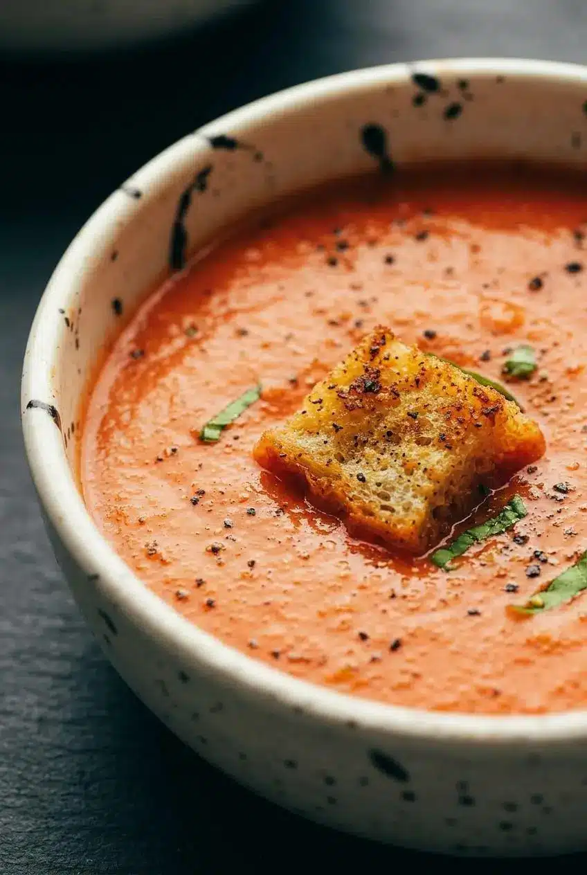 A close-up macro shot of gazpacho in a dark bowl, showing its creamy orange-pink texture and a single crouton on top.