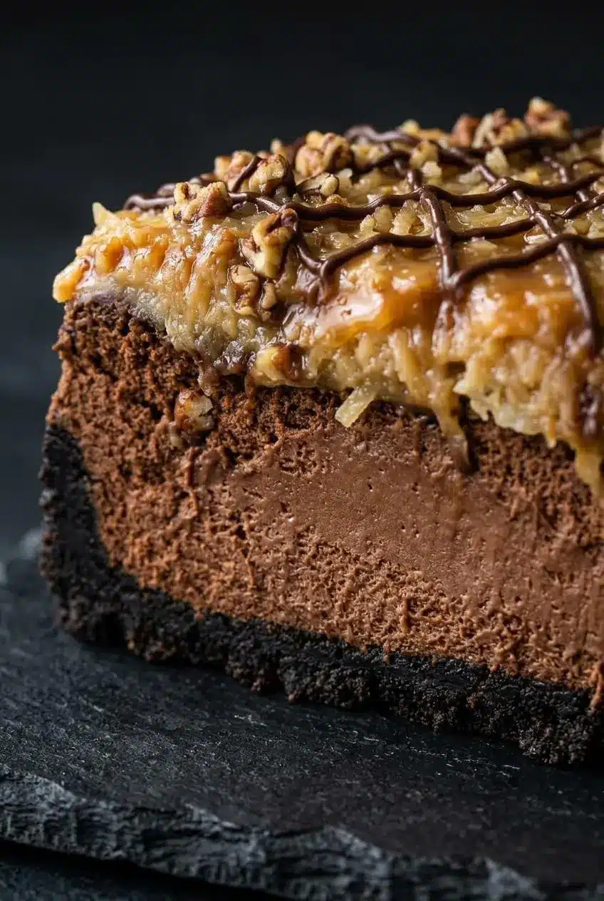 Slice of chocolate cheesecake on a dark slate surface showing the dense creamy crumb and toasted pecan pieces.
