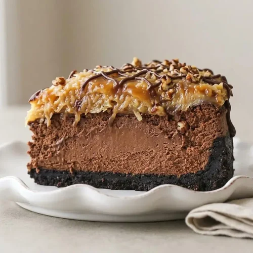 German Chocolate Cheesecake with a glossy coconut pecan topping and dark Oreo crust.