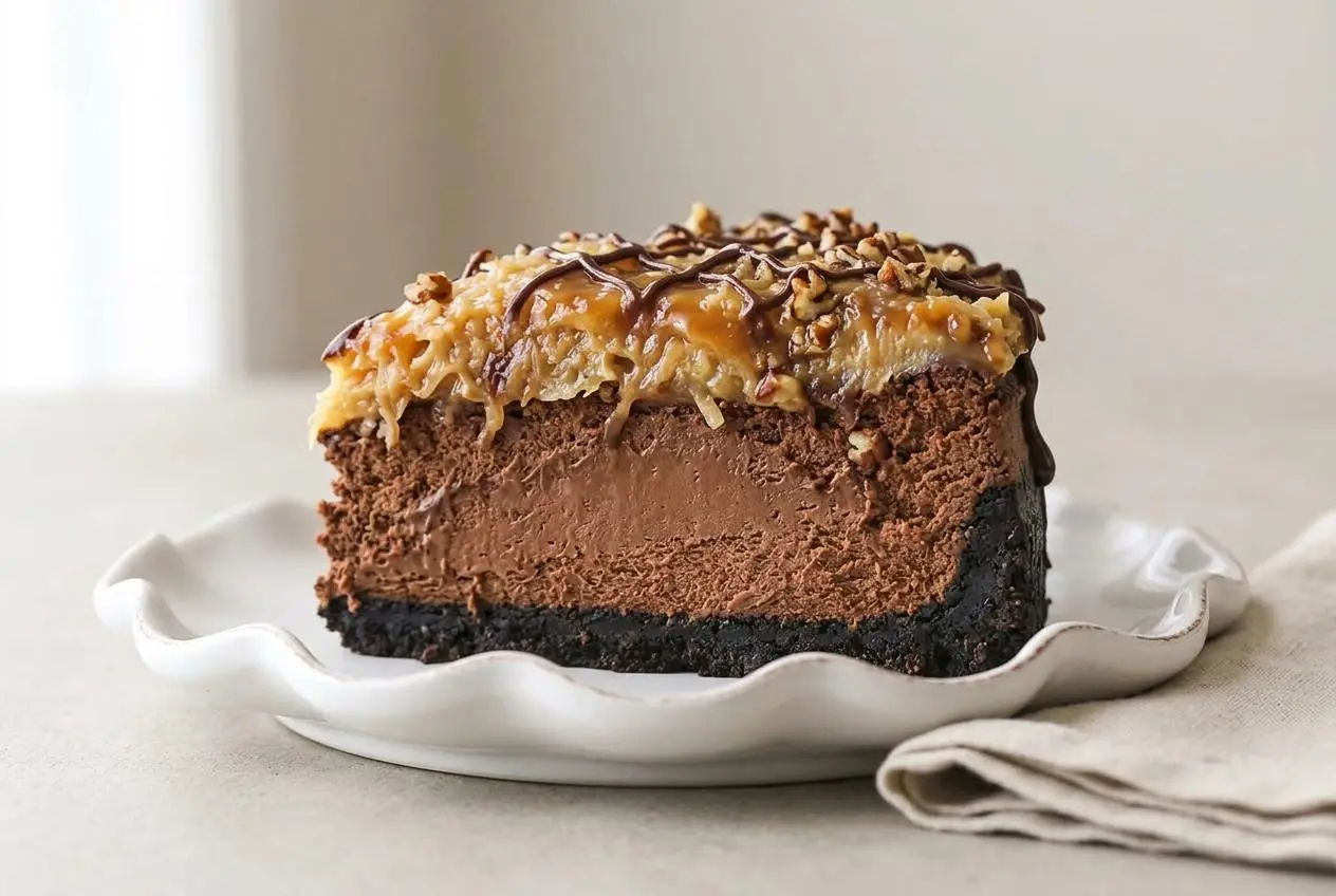 German Chocolate Cheesecake with a glossy coconut pecan topping and dark Oreo crust.