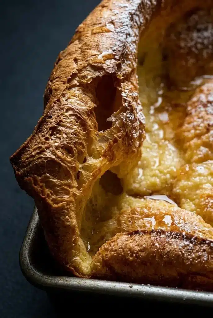 A macro close-up of the crispy, bubbly golden-brown edge of a puffy German pancakes, showing its flaky texture against the pan.