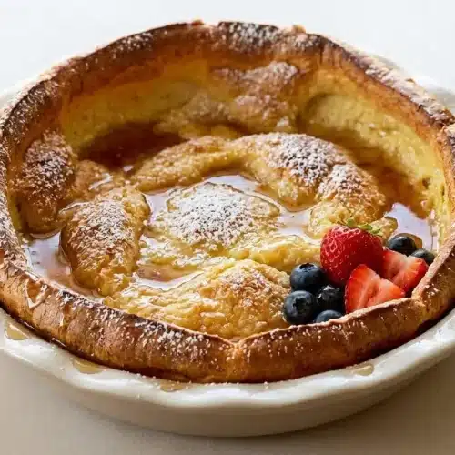 A finished german pancakes in a metal baking pan, with dramatically puffed golden-brown edges, a custardy center, and dusted with powdered