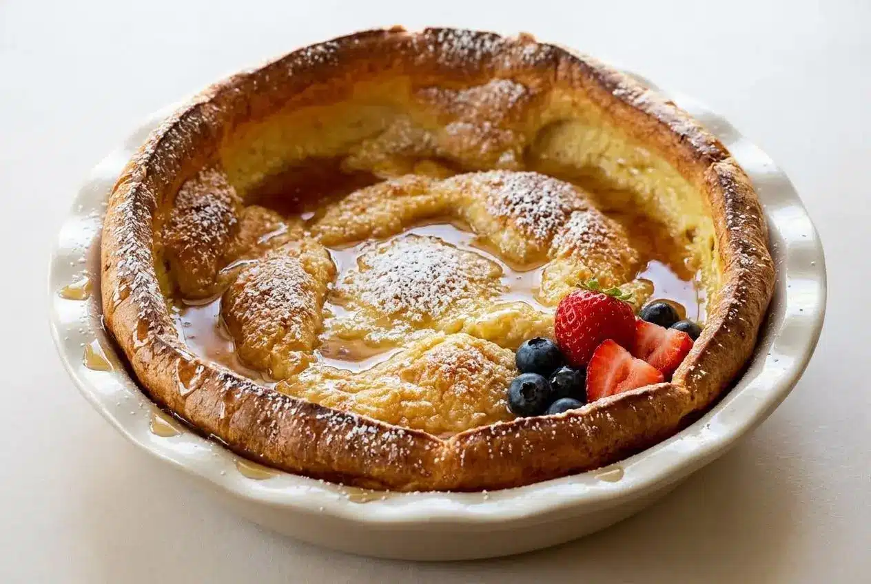 A finished german pancakes in a metal baking pan, with dramatically puffed golden-brown edges, a custardy center, and dusted with powdered