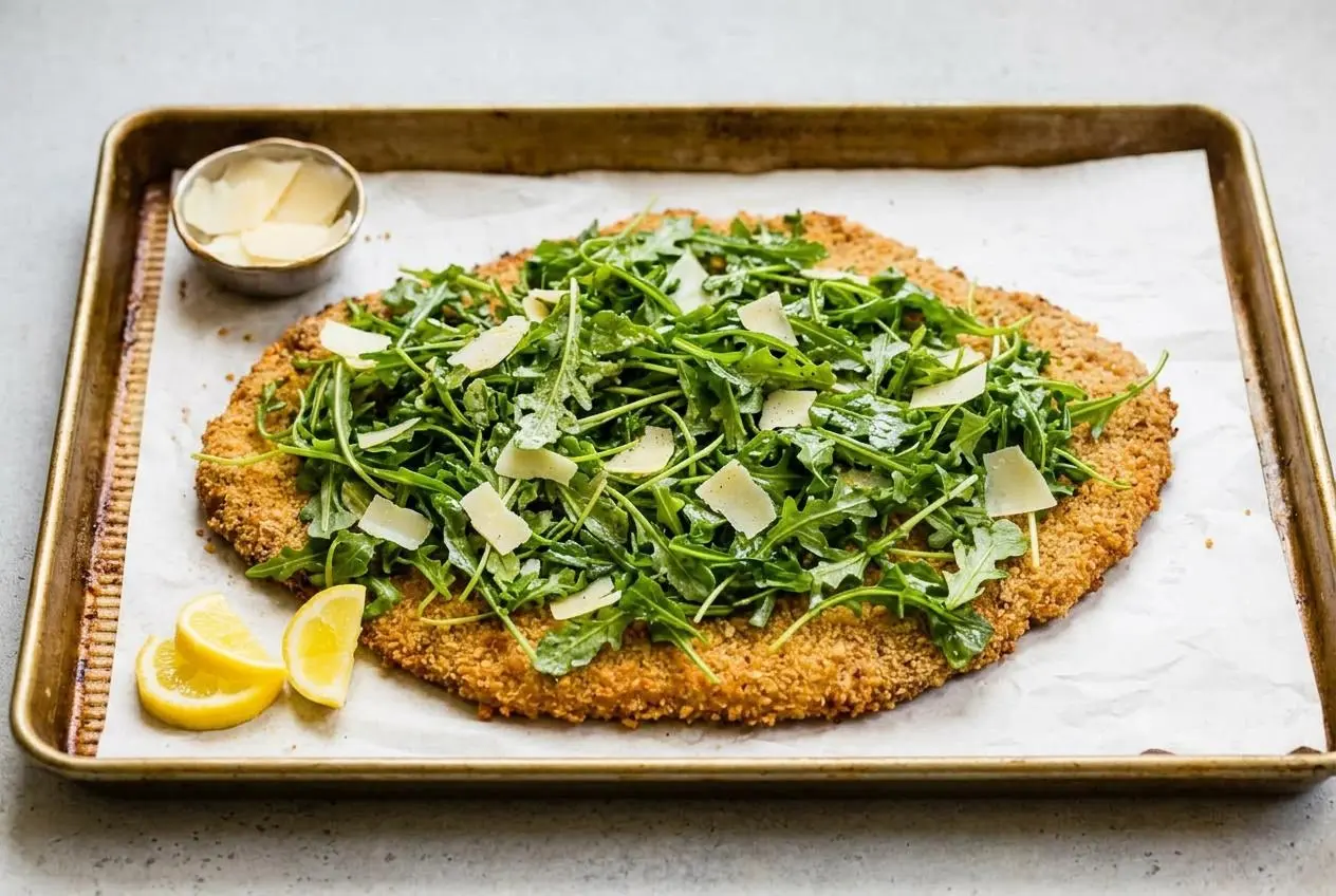 A large, golden-brown Giant Chicken Milanese on a baking sheet, topped with a fresh arugula salad, shaved Parmesan, and lemon wedges.