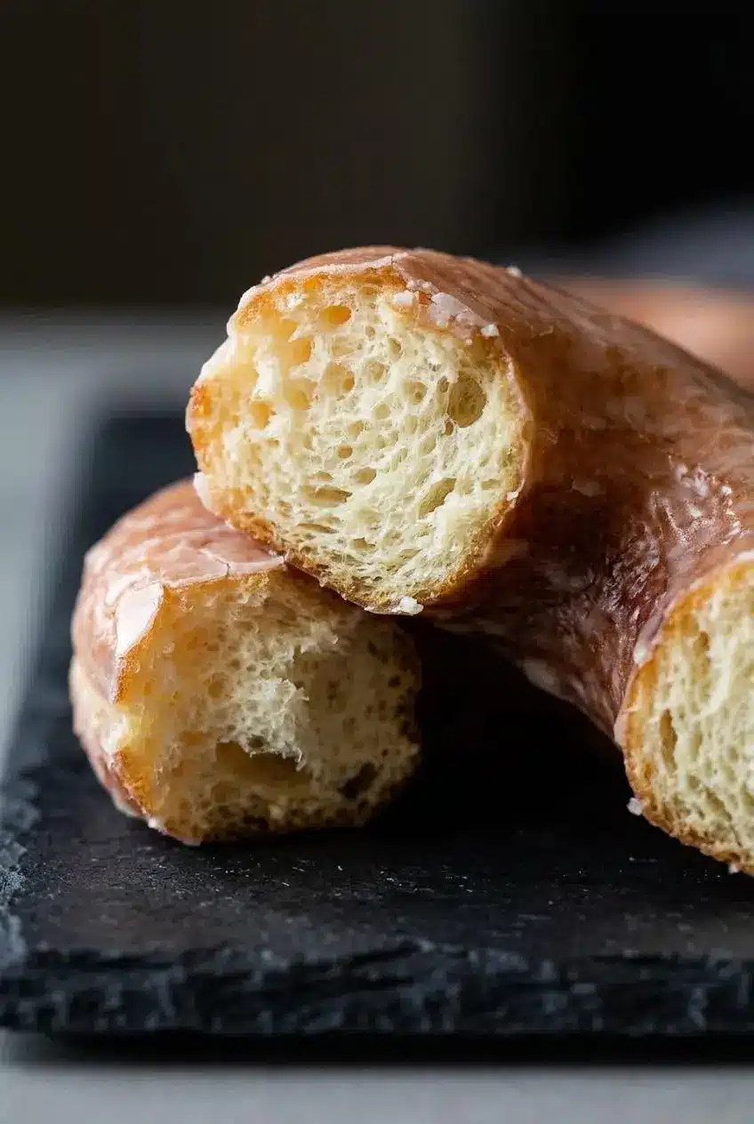 A close-up of a glazed doughnut split in half, revealing the light, web-like, and airy interior crumb structure.