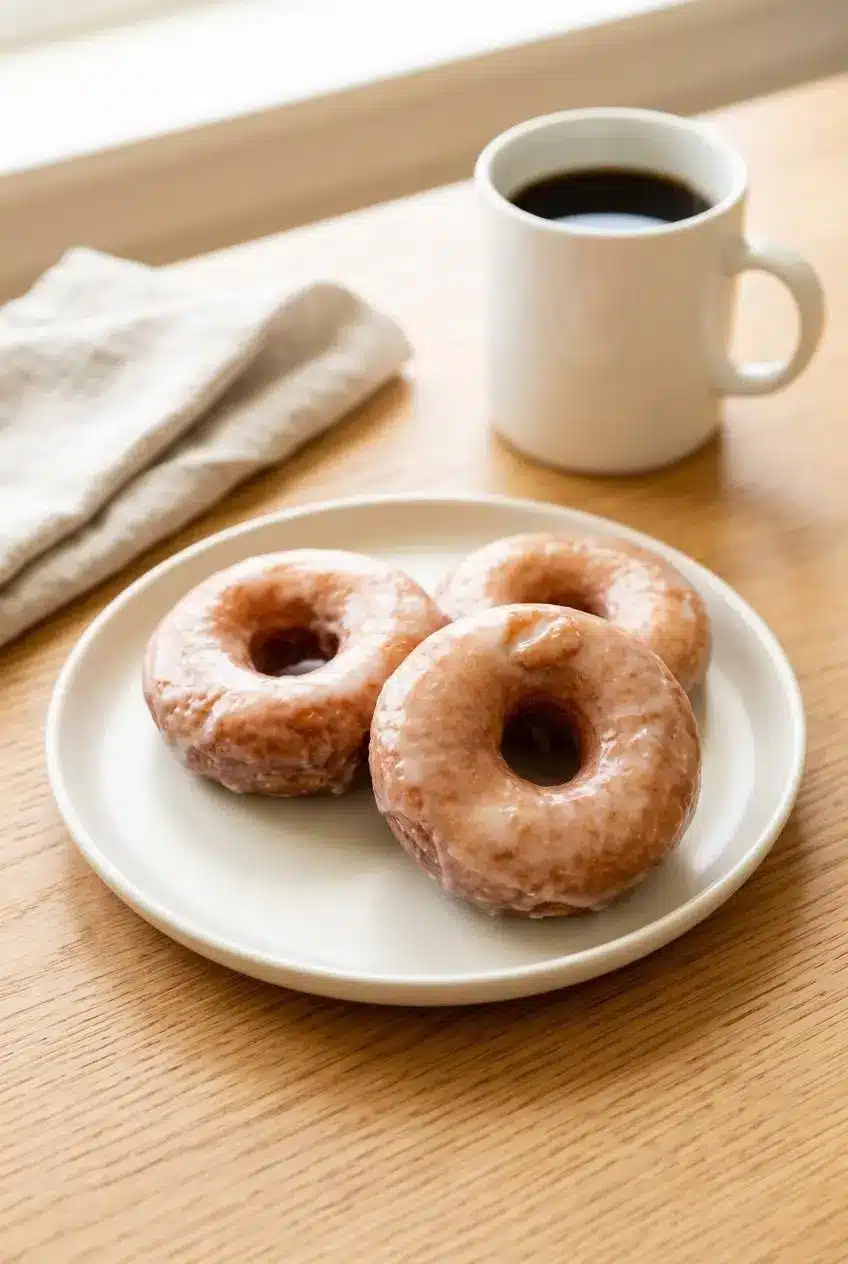 Three homemade glazed doughnuts served on an off-white ceramic plate next to a cup of coffee for a special weekend breakfast.