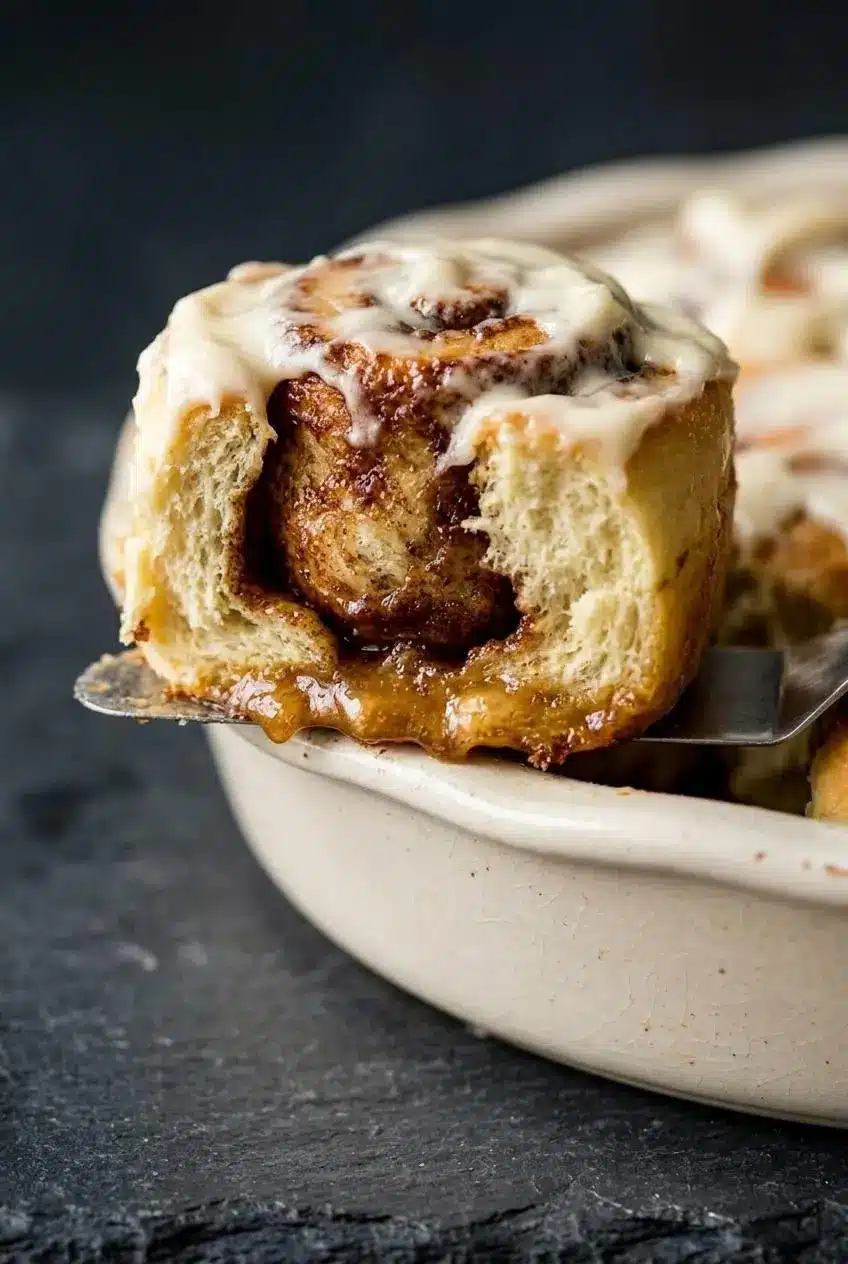 A close-up of a single cinnamon roll being lifted with a spatula, showing a fluffy crumb and gooey cinnamon swirl.