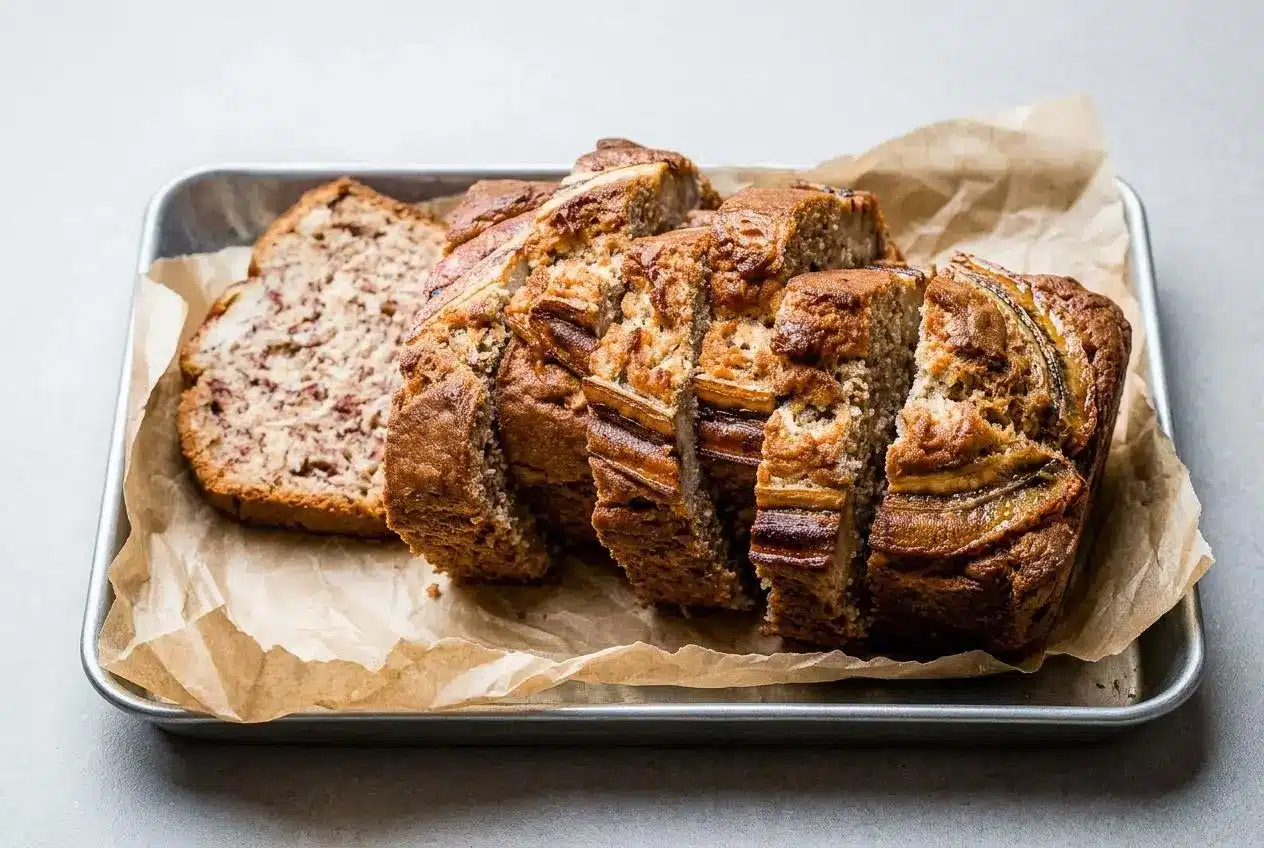 A whole loaf of Greek yogurt banana bread with a golden-brown, cracked top, resting on a dark surface.