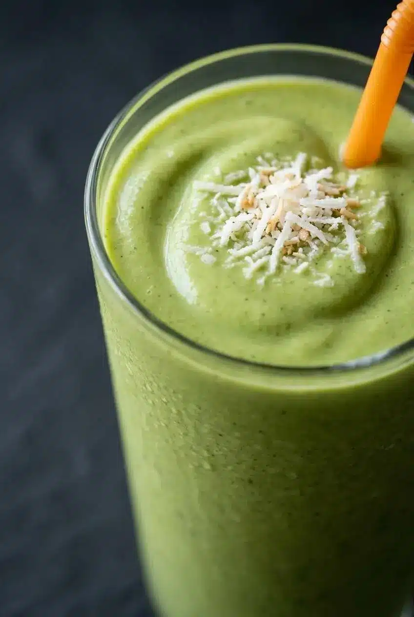 A close-up, macro shot of the top of a green smoothie, showing its thick, velvety smooth, and creamy consistency in a glass.