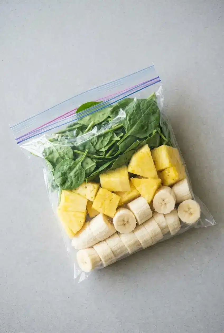 An overhead view of an open freezer bag containing portioned raw spinach, pineapple chunks, and banana slices for a smoothie pack.
