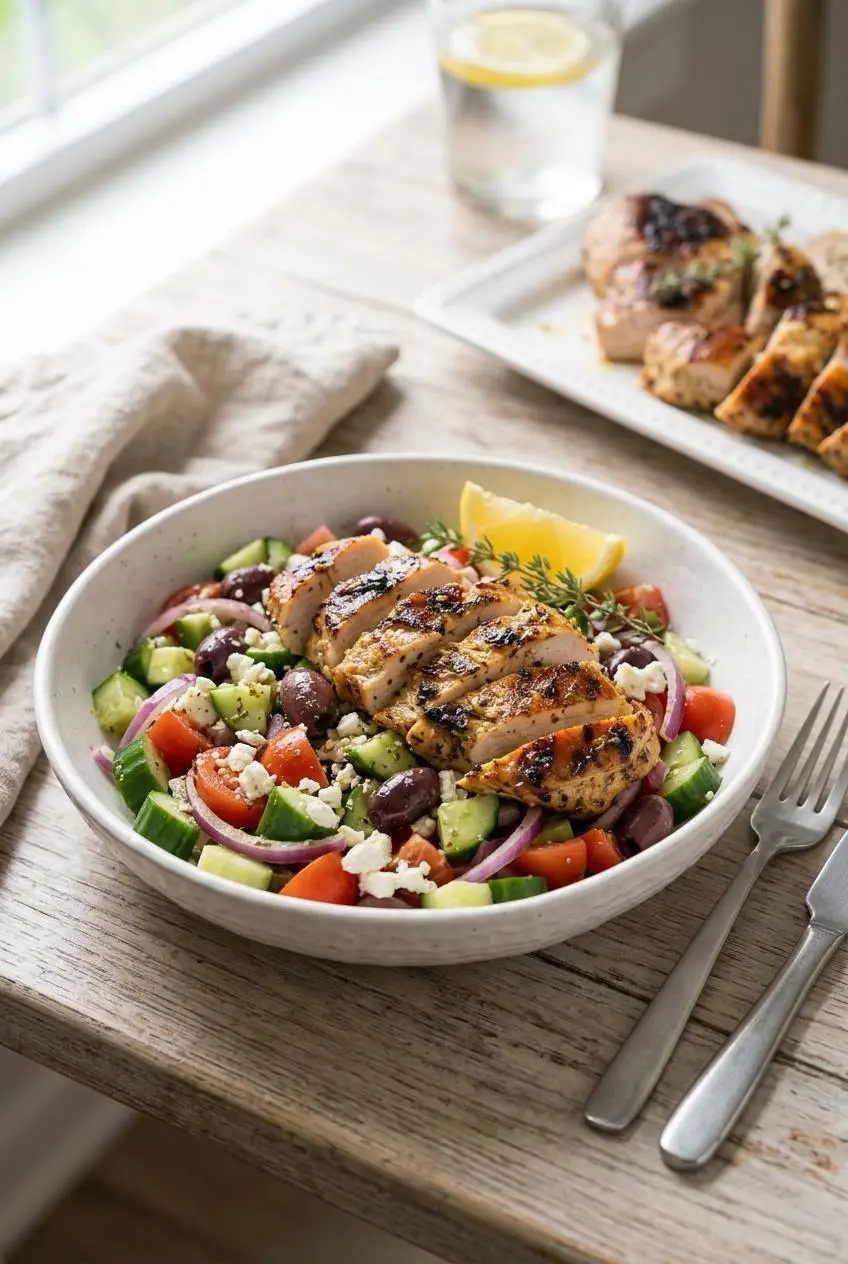 Slices of grilled chicken breast served over a fresh Greek salad in a white bowl, set on a wooden table.