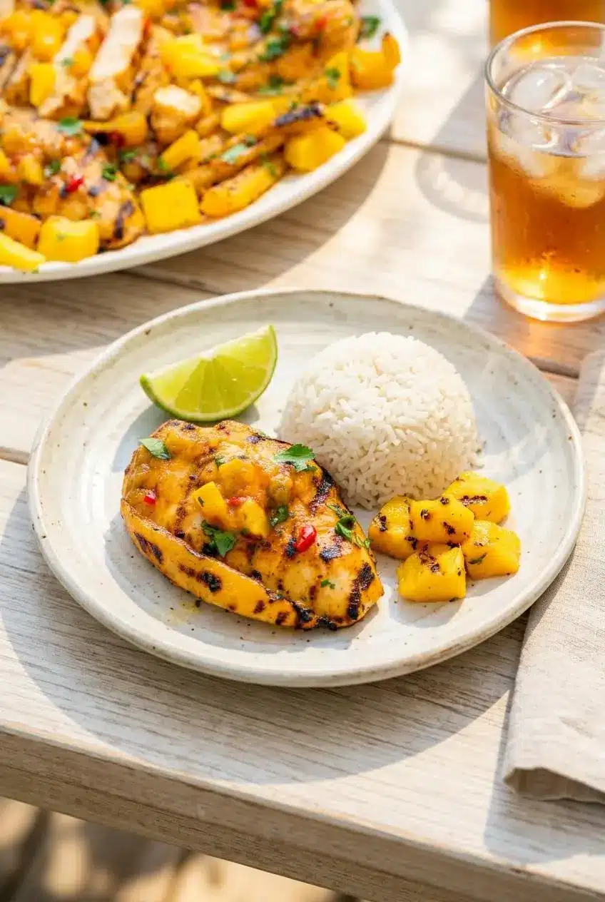 A plate of grilled mango pineapple chicken served with a scoop of coconut rice and a lime wedge on an outdoor wooden table.