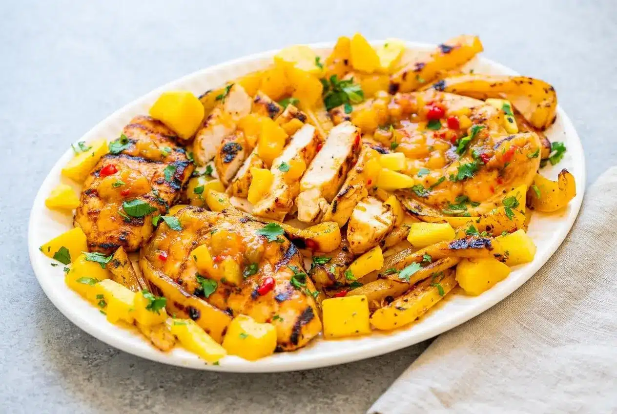 Grilled Mango Pineapple Chicken on a white platter, topped with fresh mango pineapple salsa and cilantro, showing a juicy, smoky finish.