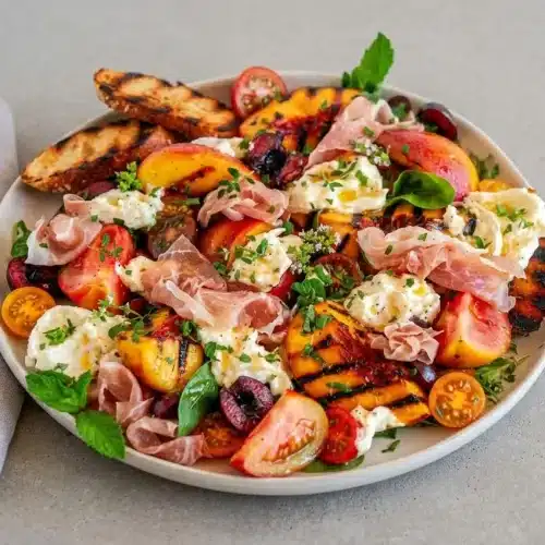 A platter of Grilled Nectarine Burrata Prosciutto Salad with charred fruit, creamy torn burrata, and fresh herbs.