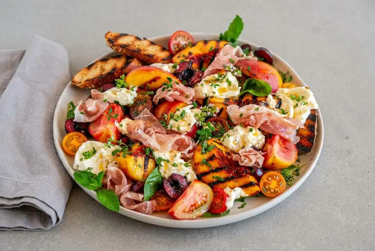 A platter of Grilled Nectarine Burrata Prosciutto Salad with charred fruit, creamy torn burrata, and fresh herbs.