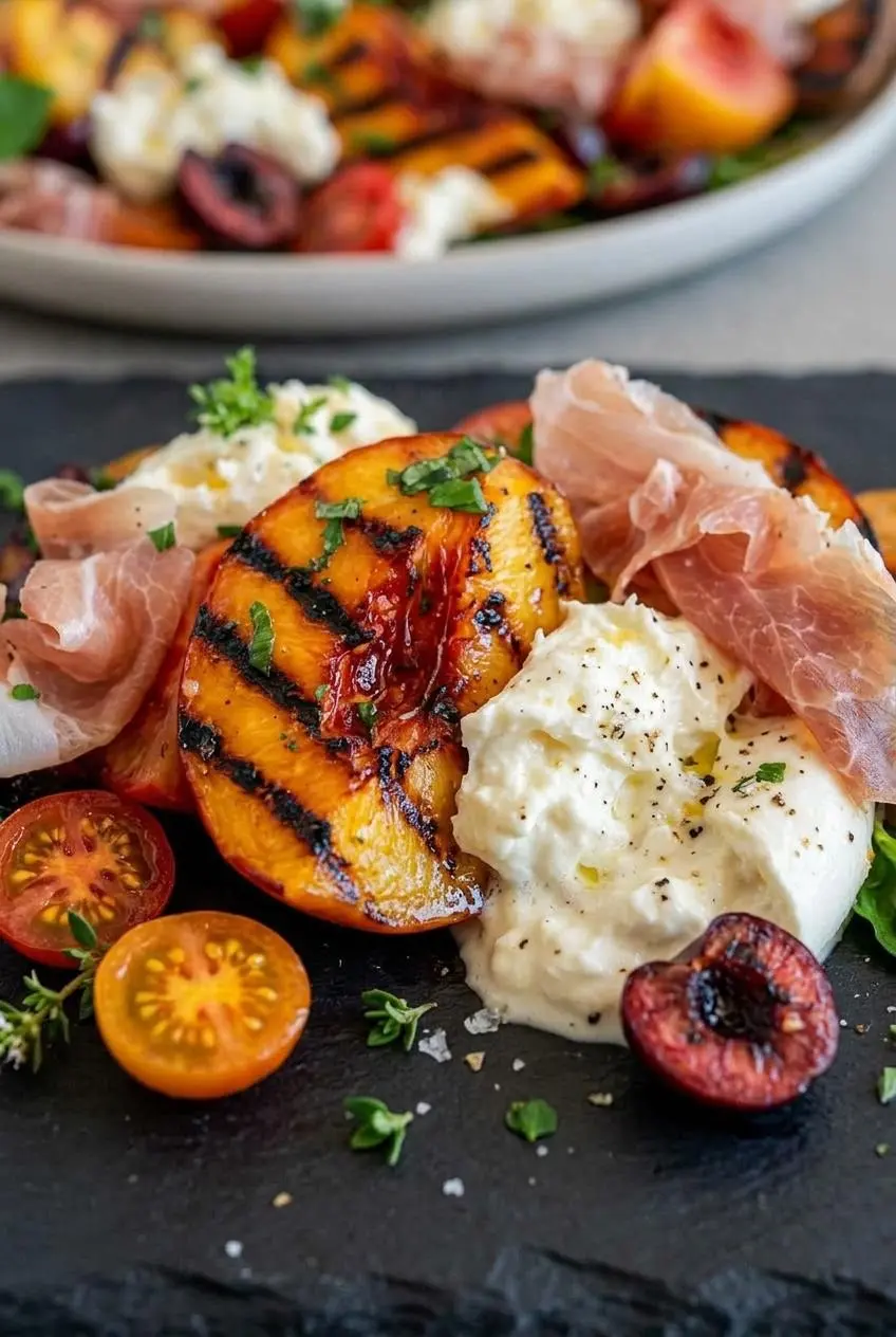 A close-up of a grilled nectarine slice with deep char marks, next to a piece of creamy burrata cheese and a ribbon of prosciutto on a dark