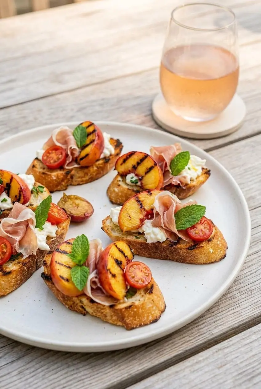 Grilled nectarine and prosciutto crostini with burrata and tomato served as an appetizer on a rustic white plate, with a glass of rosé in