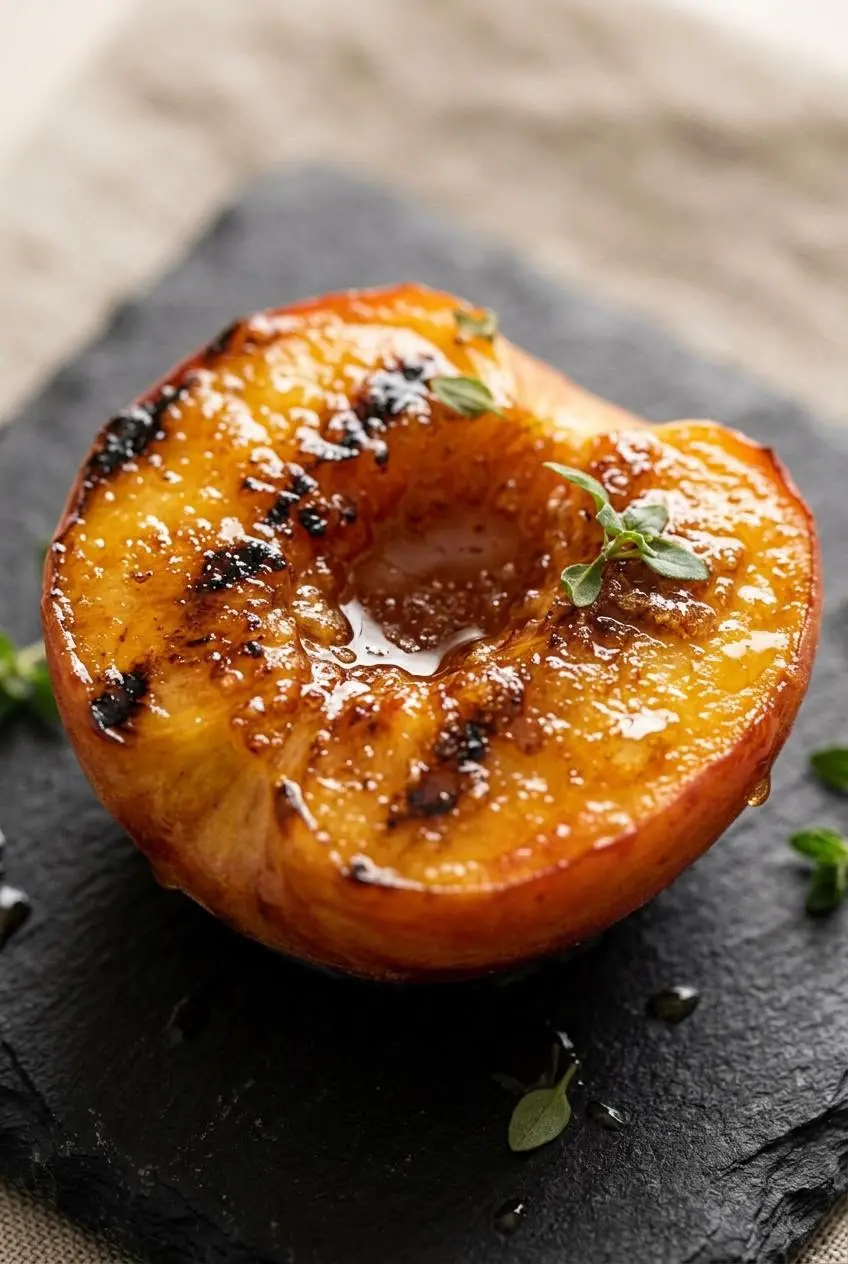 An extreme close-up of a single grilled peach half, showing a bubbly, caramelized brown sugar glaze and deep grill marks on the juicy flesh.
