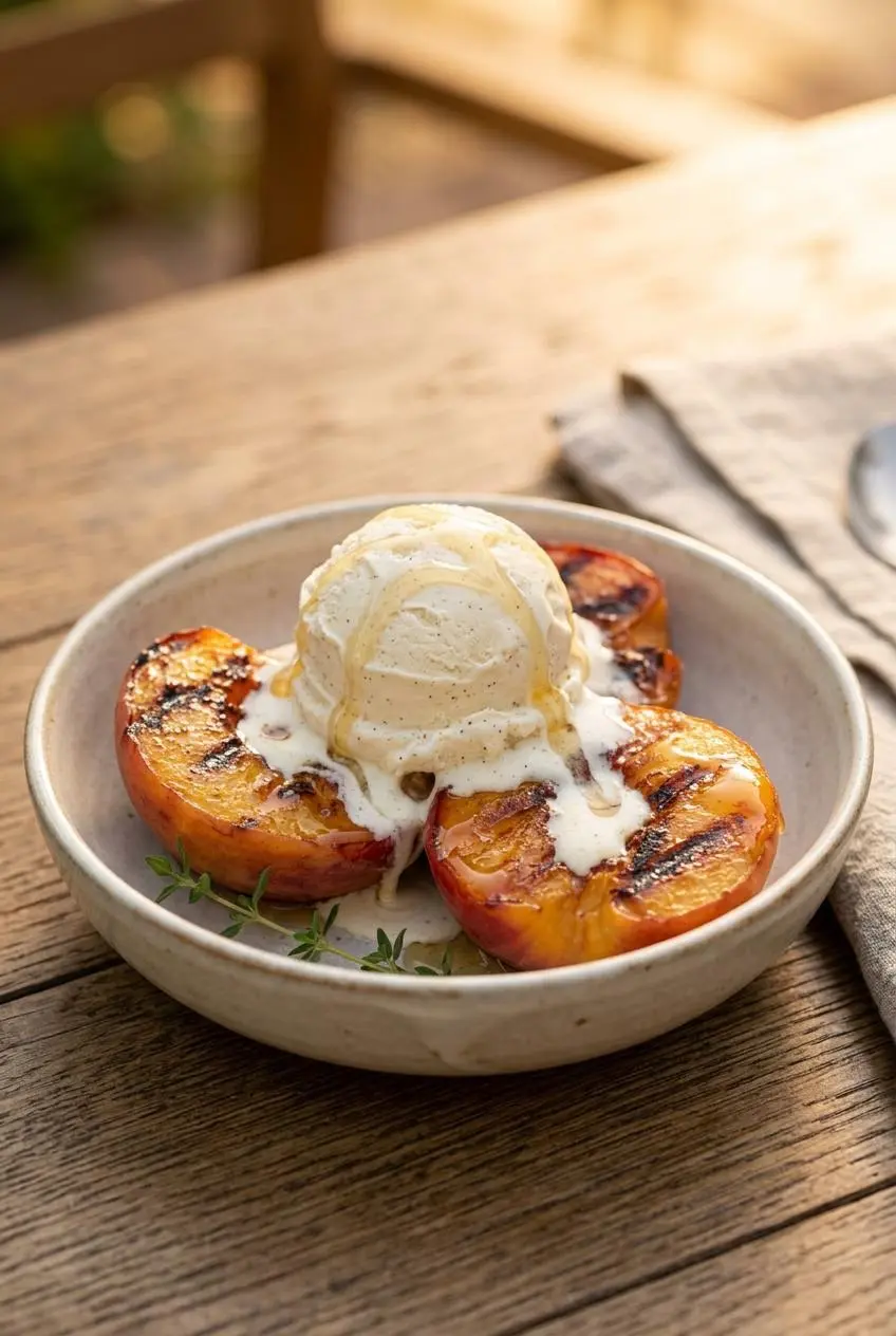 Two grilled peach halves in a rustic ceramic bowl, topped with a scoop of melting vanilla ice cream, a drizzle of honey, and a fresh thyme