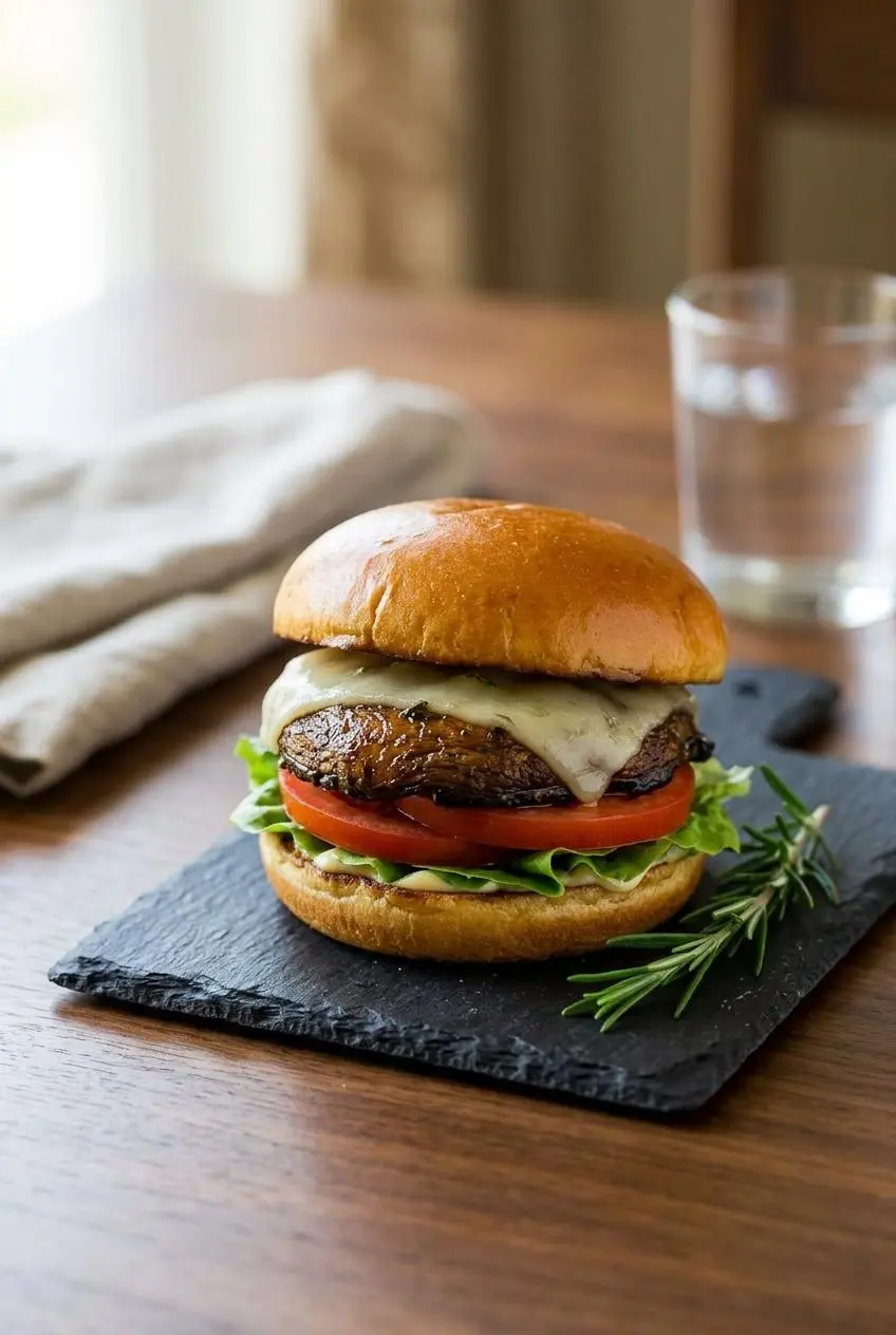 A juicy grilled portobello mushroom burger with melted provolone cheese, fresh lettuce, and tomato slices in a toasted brioche bun on a