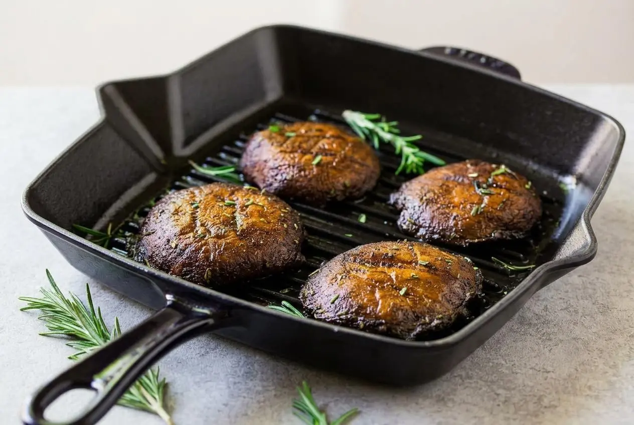 Four whole grilled portobello mushrooms arranged on a rustic platter, showing deep grill marks and a glossy balsamic marinade.