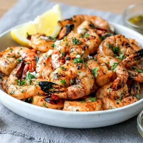 A blue ceramic bowl filled with glossy, charred grilled shrimp garnished with fresh parsley and a lemon wedge on the side.