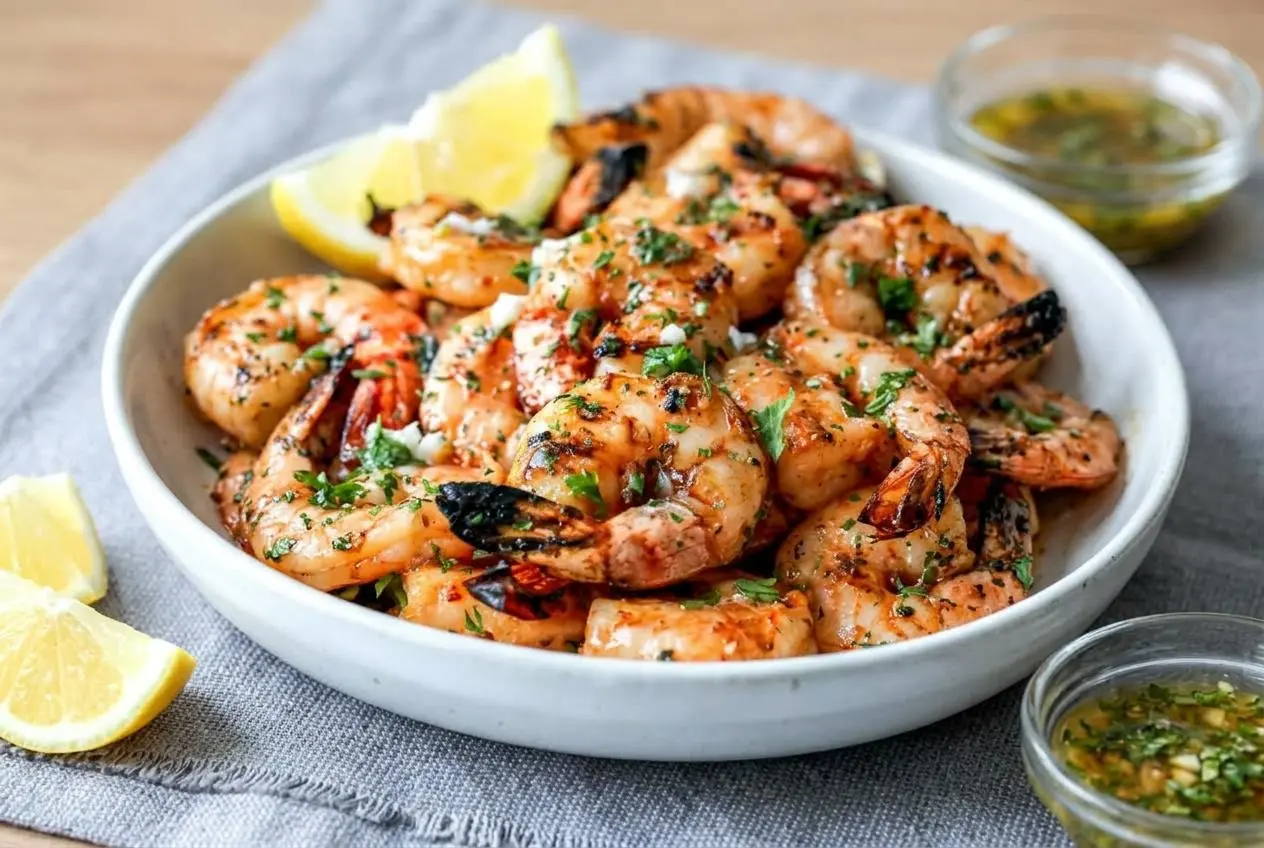 A blue ceramic bowl filled with glossy, charred grilled shrimp garnished with fresh parsley and a lemon wedge on the side.