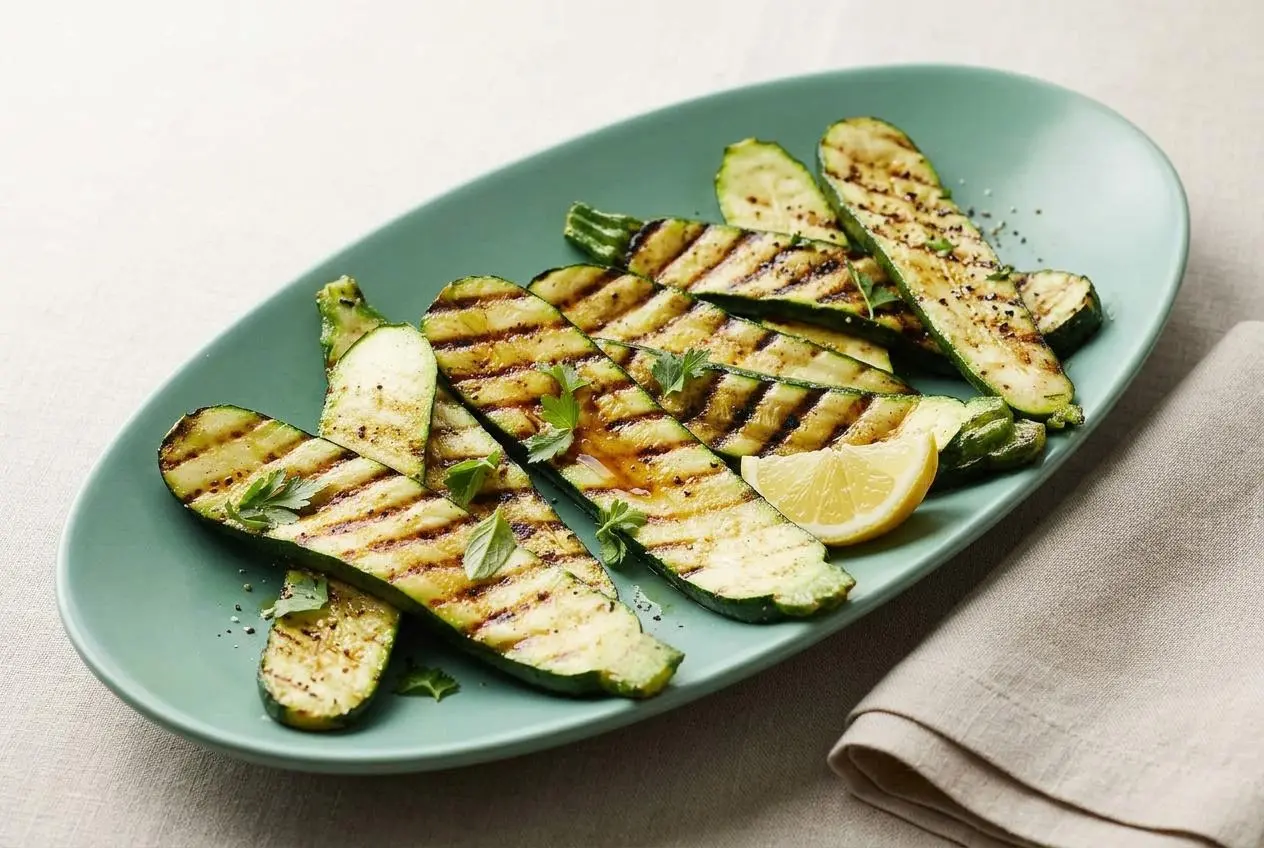A white rectangular platter of Grilled Zucchini planks with char marks, garnished with fresh parsley and a lemon wedge.