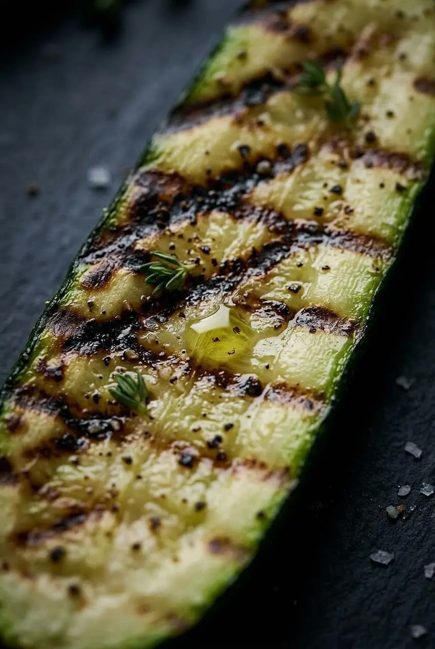 Extreme close-up of a single grilled zucchini plank showing its firm, translucent flesh and dark char marks.