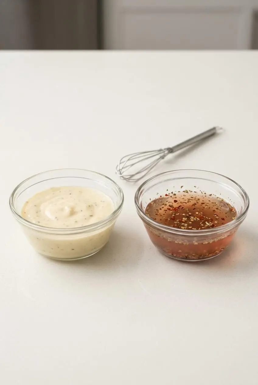 Two small glass bowls side-by-side, one with thick, creamy white mayonnaise dressing and the other with a clear, herby vinaigrette.