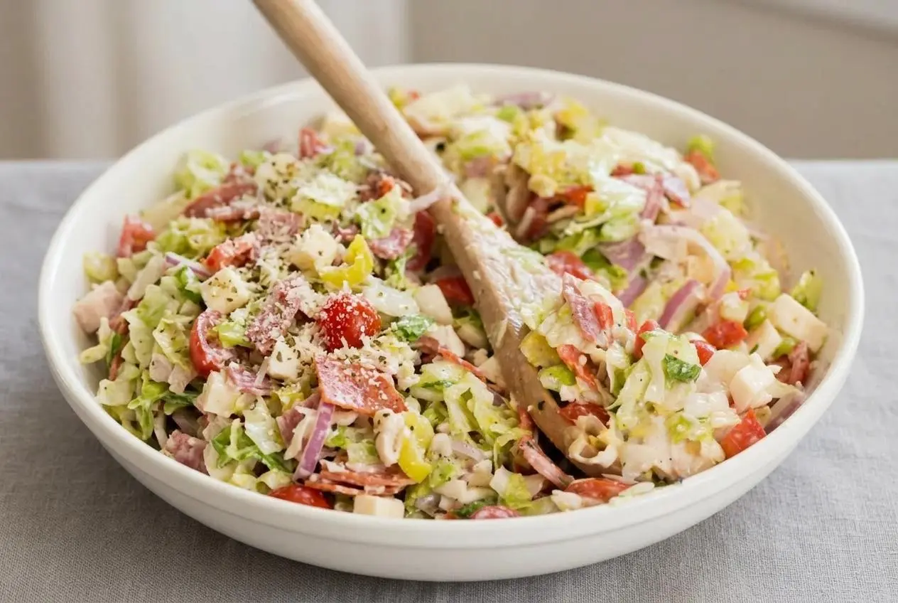 A large white bowl of grinder salad recipe, with finely chopped lettuce, deli meats, and cheese tossed in a creamy, tangy dressing.
