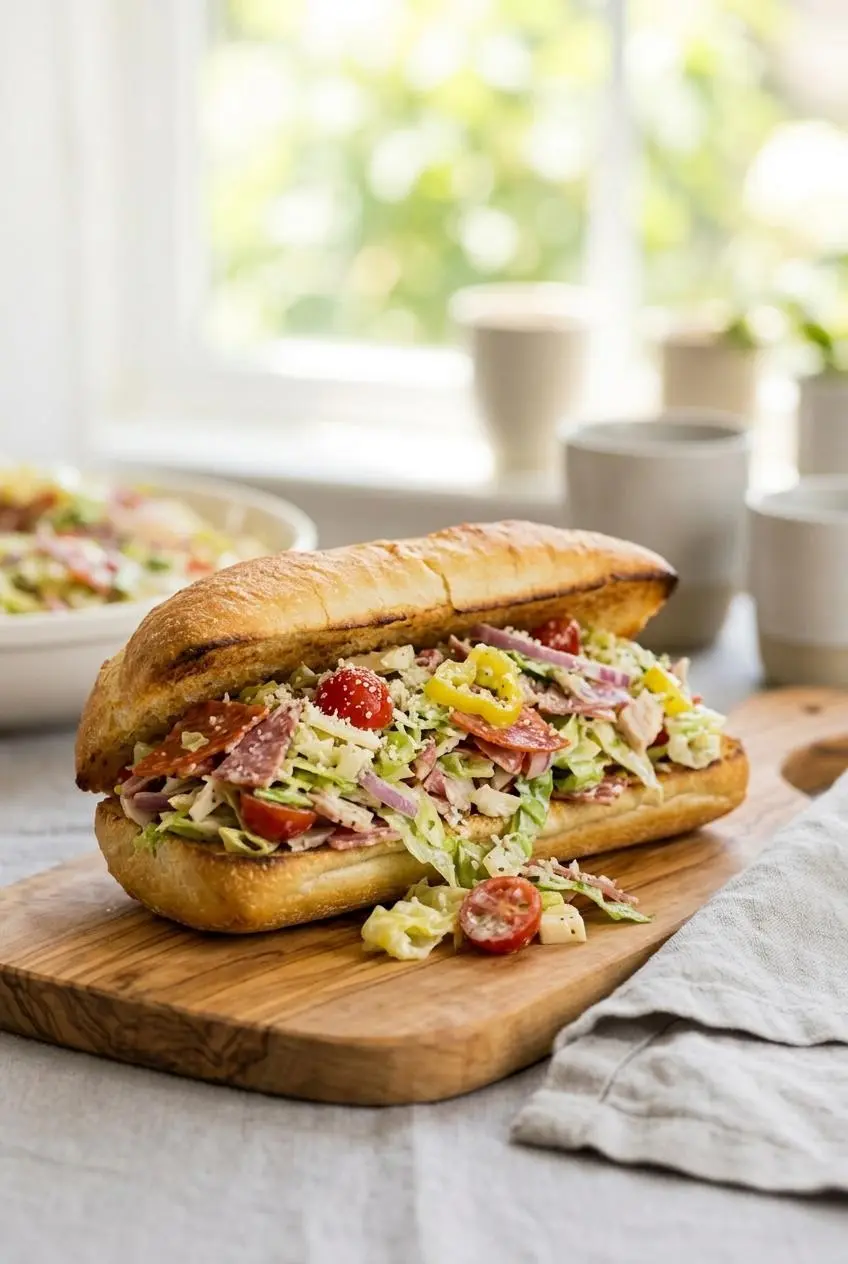A toasted hoagie roll split open and generously filled with creamy grinder salad, served on a wooden board for lunch.