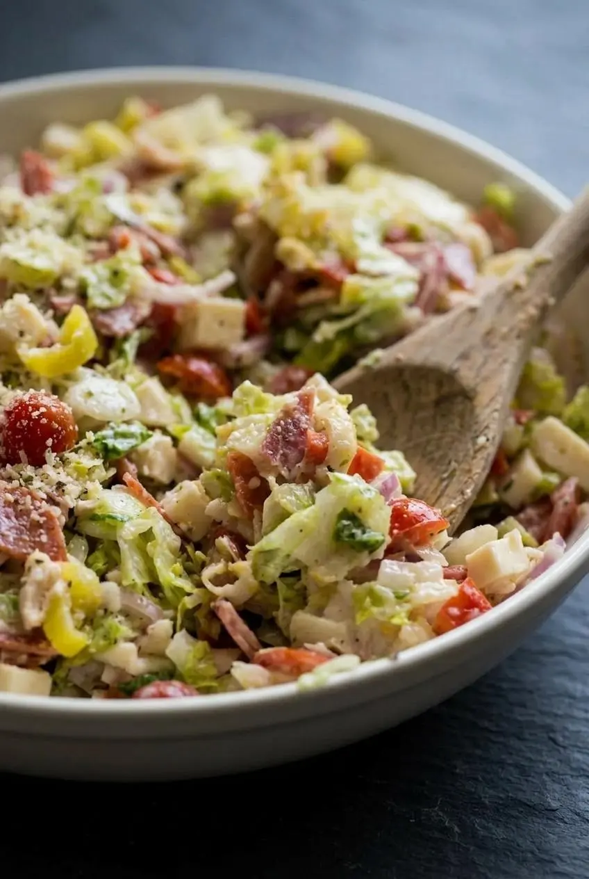 An extreme close-up of grinder salad texture, showing chopped iceberg lettuce, salami, and provolone coated in dressing with toasted