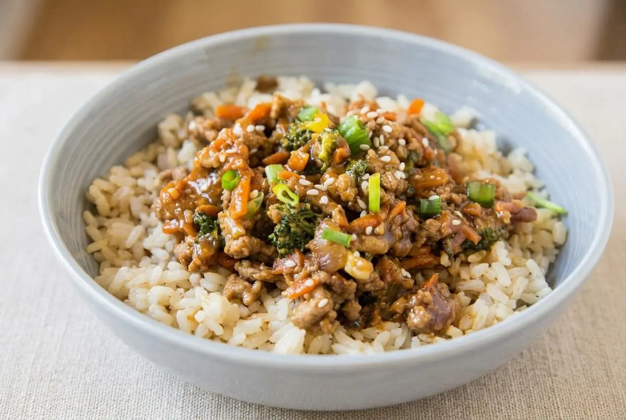 A white bowl of Ground Turkey Rice Bowls, showing savory ground turkey with broccoli and carrots in a glossy teriyaki sauce over rice