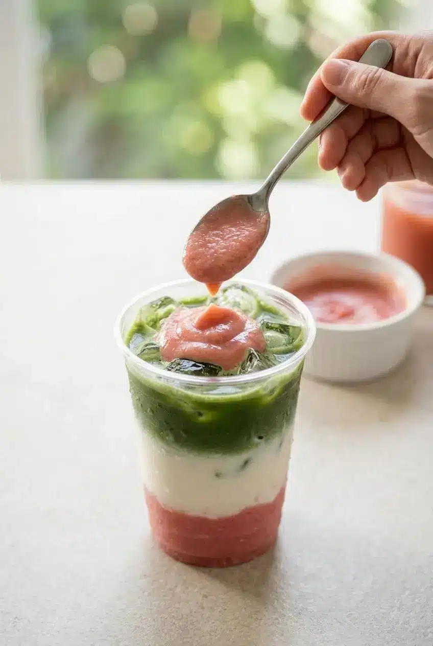 A hand spoons a thick, pink salted guava cream foam onto the top of a Guava Matcha Latte in a glass.