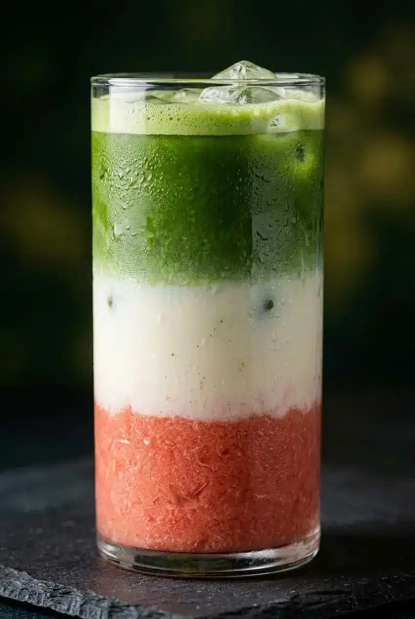A close-up macro shot of a Guava Matcha Latte, focusing on the clean separation between the pink, white, and jade-green layers with