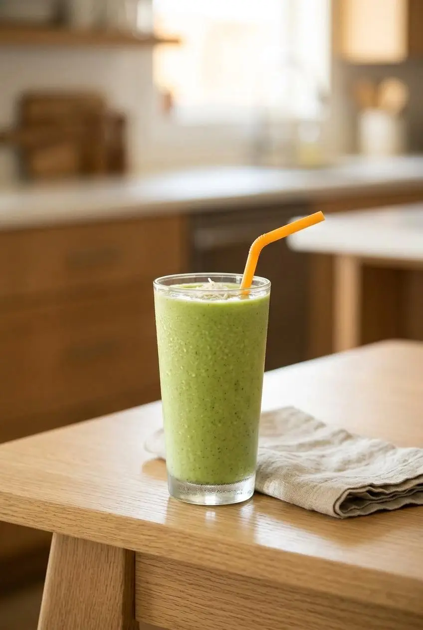 A glass of green tropical smoothie on a light wood table in a brightly lit kitchen, served as a healthy and refreshing breakfast.