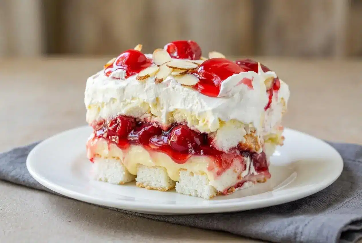 Heaven On Earth Cake slice showing layers of angel food cake, creamy pudding, whipped topping, and cherry filling.